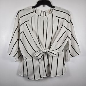 True Destiny Black White Stripe Tie Front Bell Sleeve Career Blouse Top Size XL
